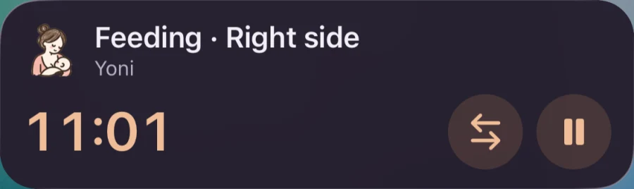 Duet's Live Activity on the Lock Screen: Feeding, right side, started by Yoni, 11:01, with Switch side and Pause buttons.