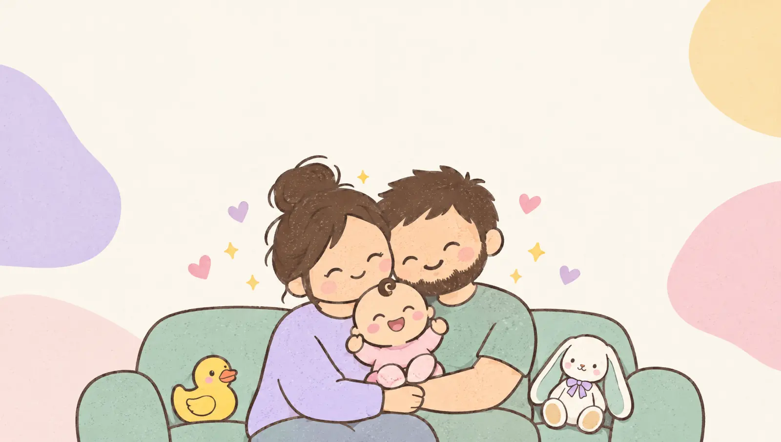 Two parents cuddle their laughing baby on a green sofa, with a rubber duck and a toy bunny beside them.