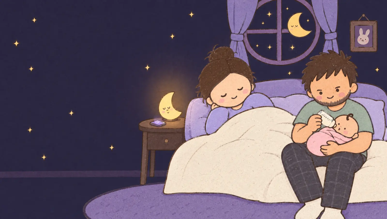 At night, one parent sleeps while the other feeds the baby a bottle by the glow of a moon night-light.