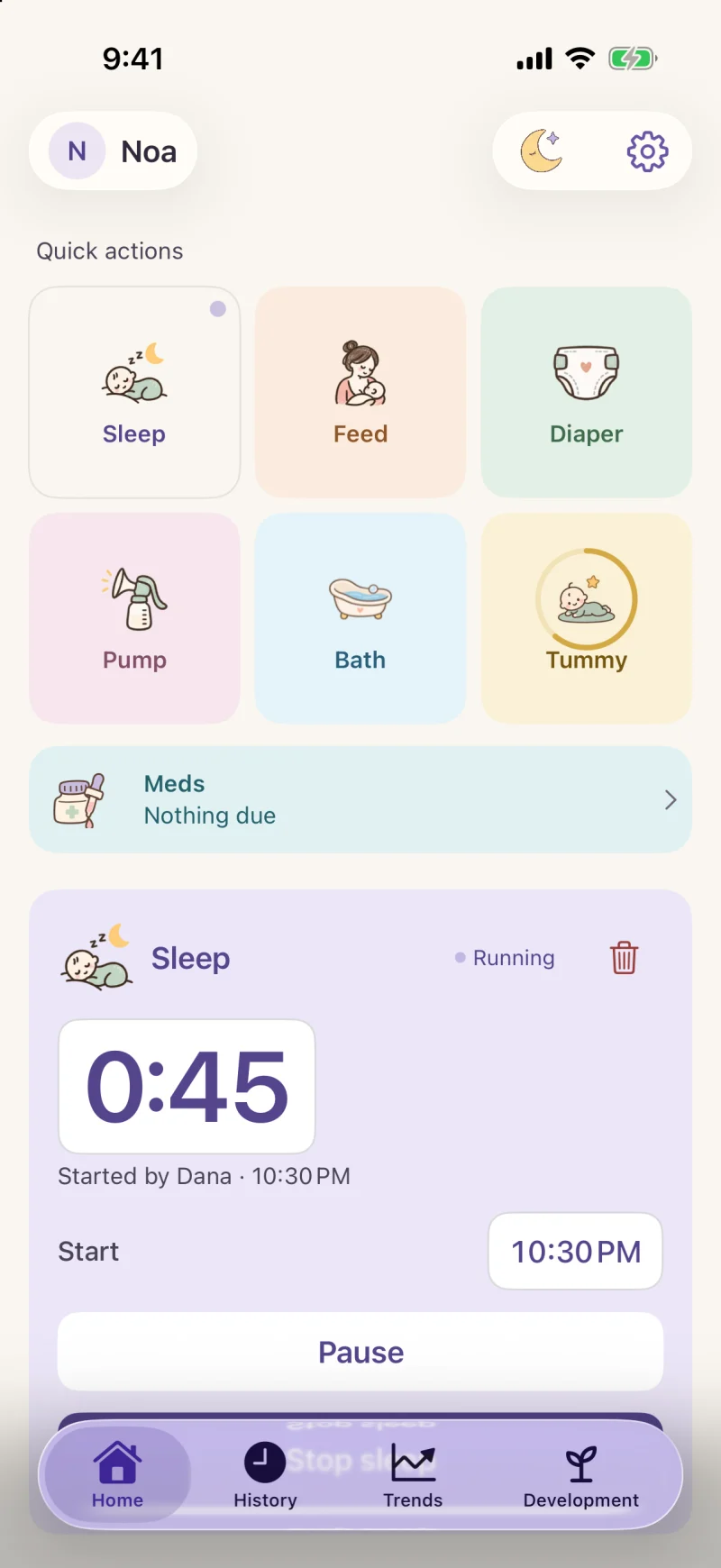 Duet's Home screen: quick actions for Sleep, Feed, Diaper, Pump, Bath and Tummy time, and a sleep timer Dana started, running.